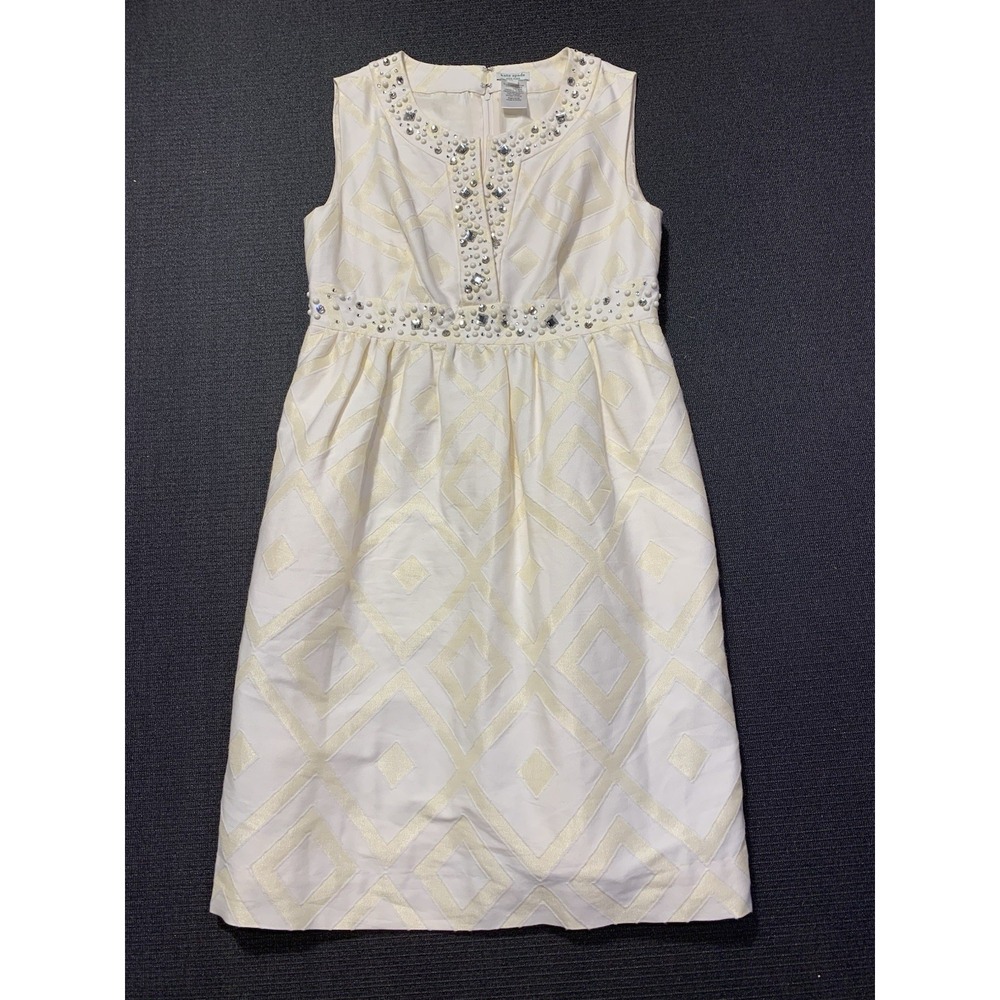 Kate Spade Yellow Geometric Embellished Silk Lined Dress Sz 8 Wedding Summer